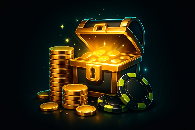 Altın jetonlar ve casino fişleriyle dolu jackpot sandığı